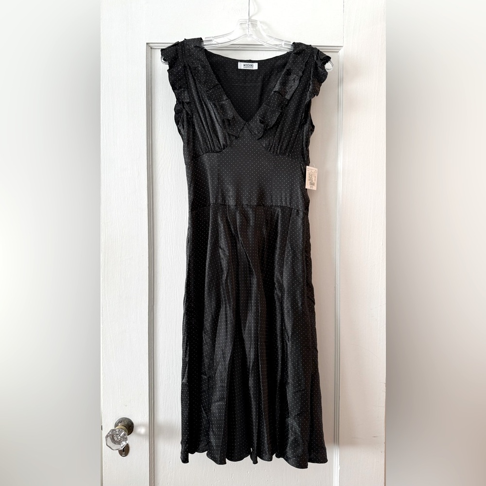 Moschino Cheap & Chic | Black Pindot Ruffle V-Neck Dress IT 40 US 6